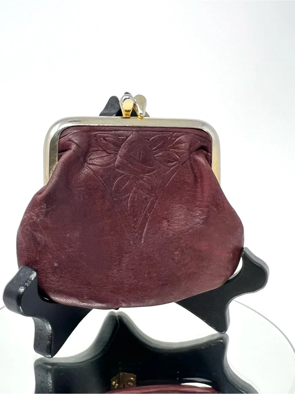 Vintage ROLFS Oxblood Burgundy Leather Coin Purse Kiss Lock Tooled Rose Boho